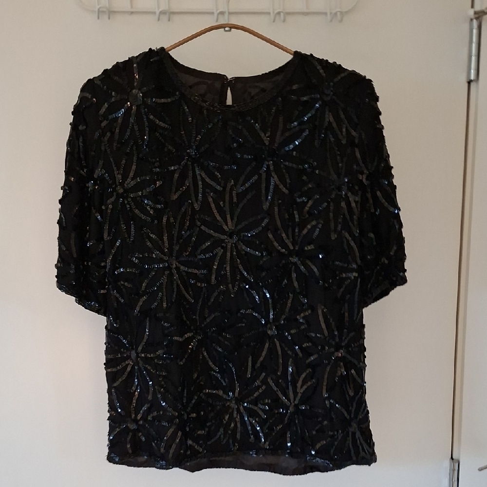 Vintage Women's Black Sequin & Bead Embellished Floral Print Top (Size S)